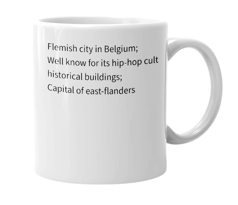 White mug with the definition of 'ghent'