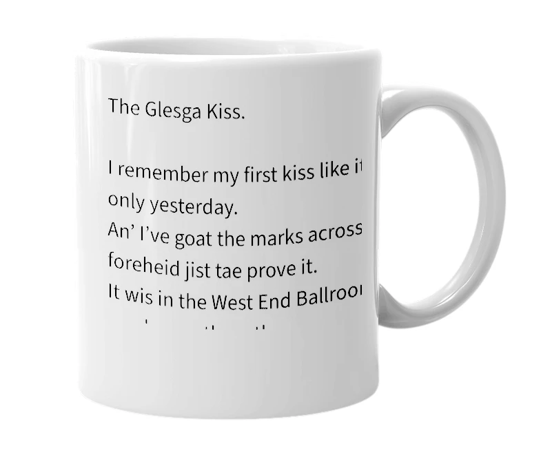 White mug with the definition of 'glasgow kiss (AKA Glesga Kiss)'