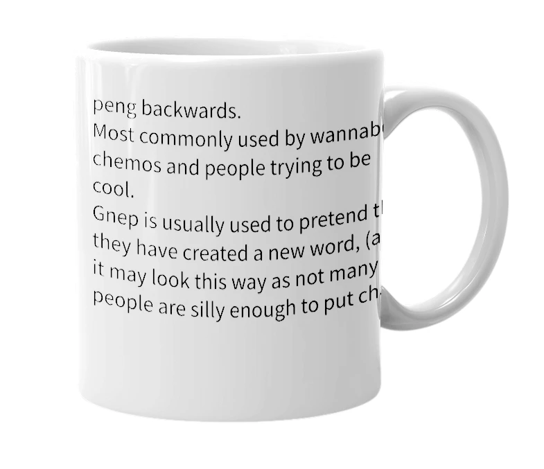 White mug with the definition of 'gnep'