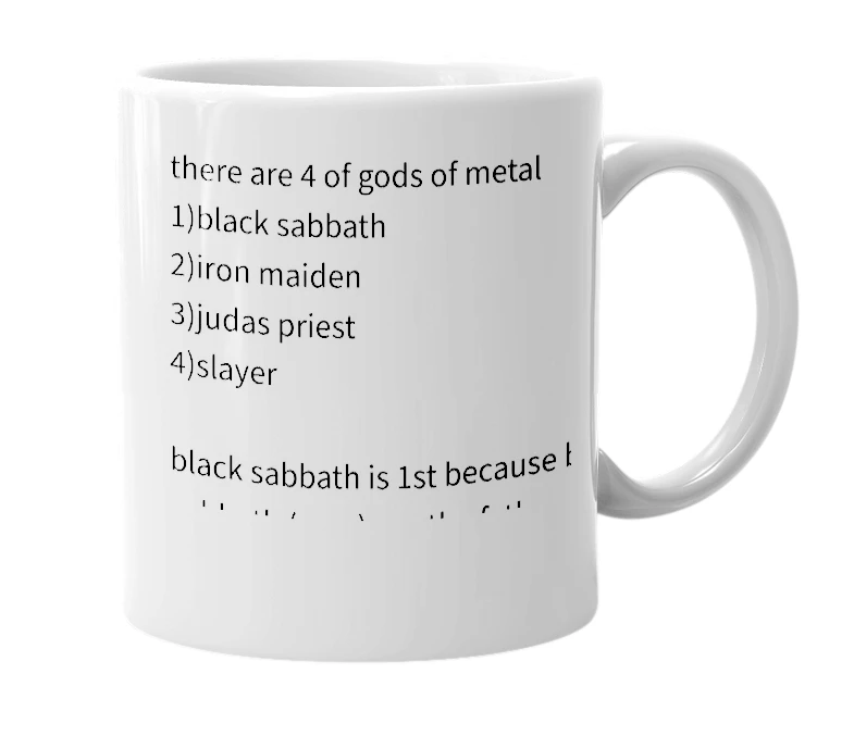 White mug with the definition of 'gods of metal'