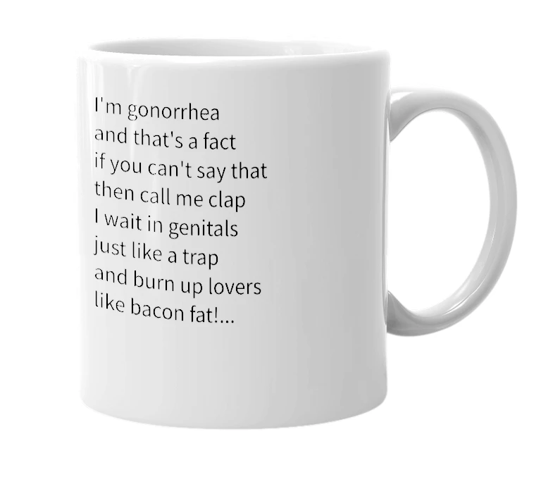 White mug with the definition of 'gonorrhea'