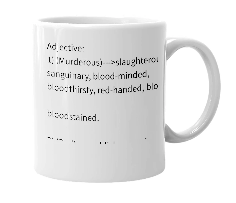 White mug with the definition of 'gory'