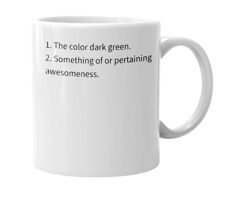 White mug with the definition of 'green-dark'