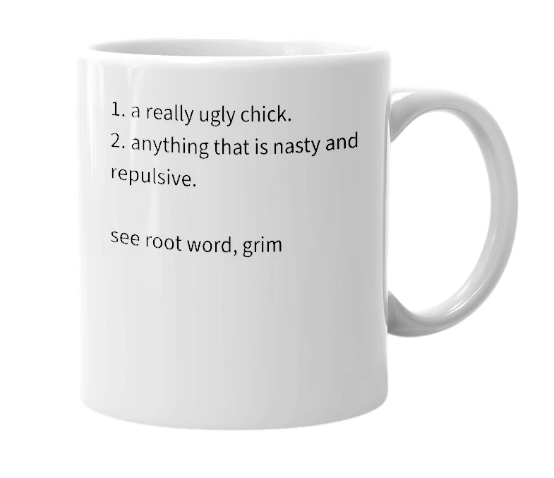 White mug with the definition of 'grizzle'