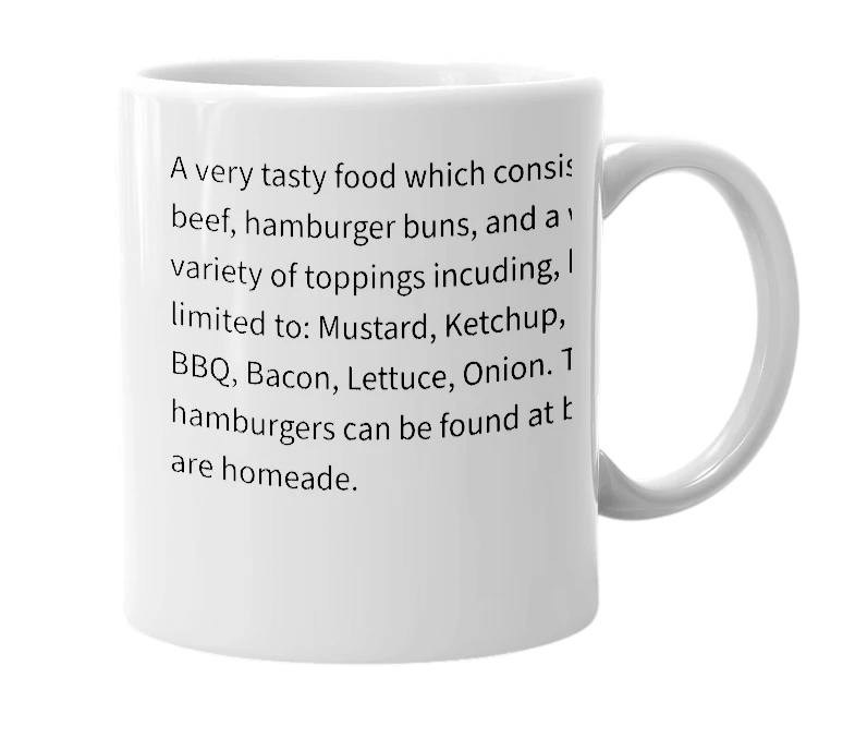 White mug with the definition of 'hamburger'