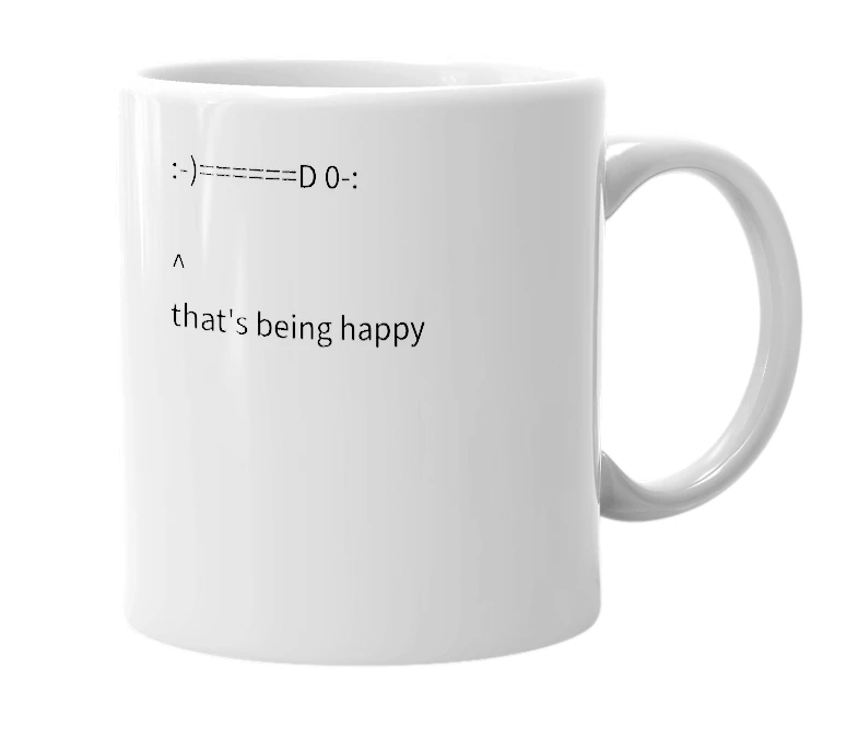 White mug with the definition of 'happy'