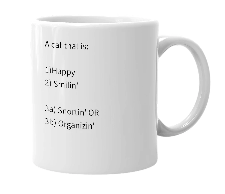 White mug with the definition of 'happy cat'