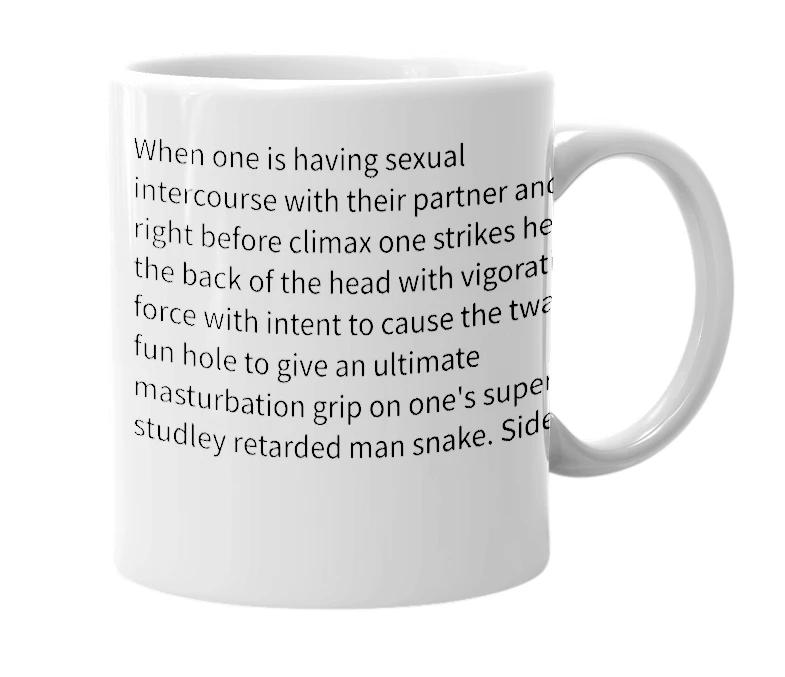 White mug with the definition of 'hardcore donkey punch'