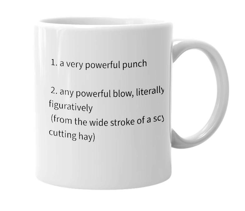 White mug with the definition of 'haymaker'