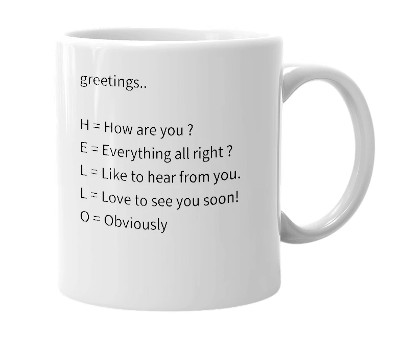 White mug with the definition of 'hello'