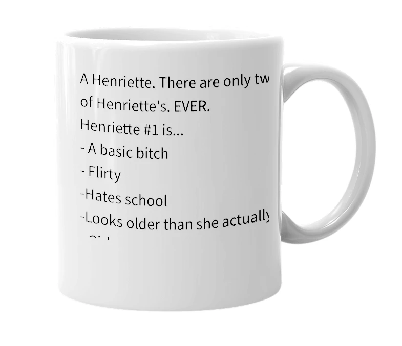 White mug with the definition of 'henriette'