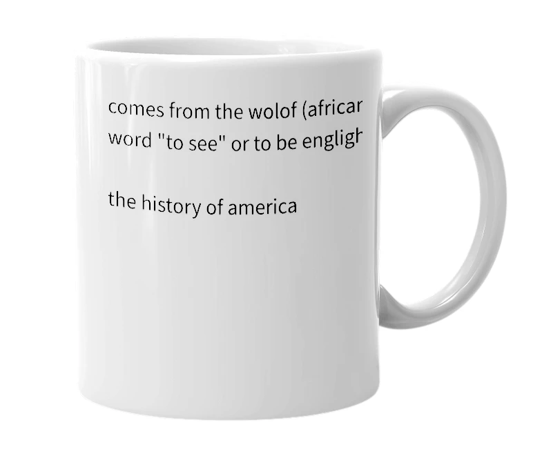 White mug with the definition of 'hip'