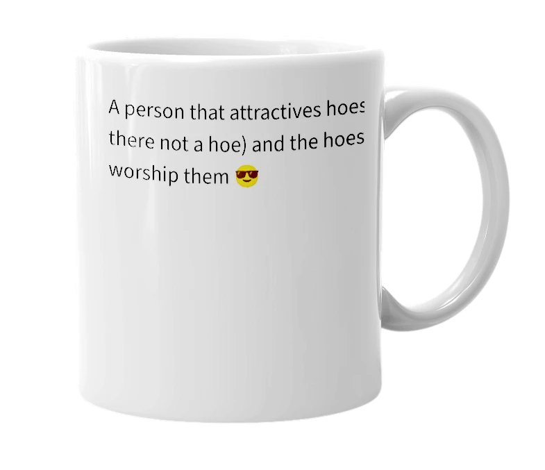 White mug with the definition of 'hoe magnet'