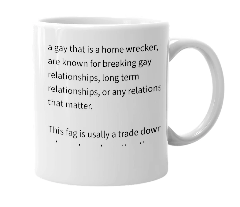 White mug with the definition of 'homo-wrecker'