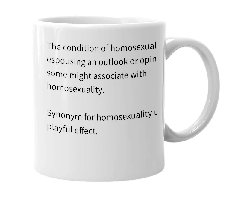 White mug with the definition of 'homosexualism'