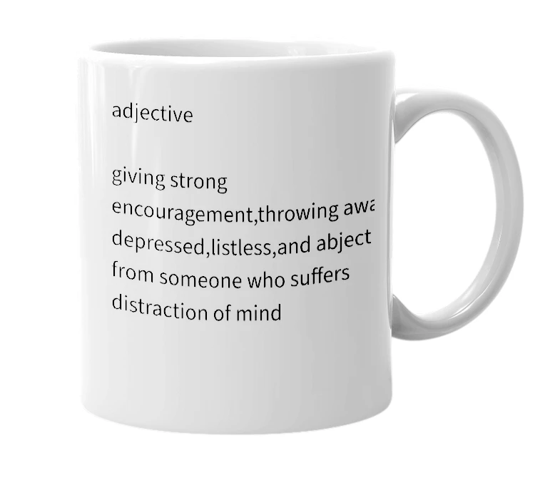 White mug with the definition of 'hortative'