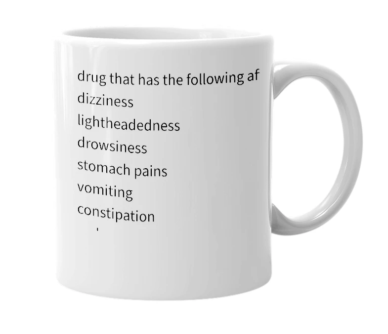 White mug with the definition of 'hydromorphone'