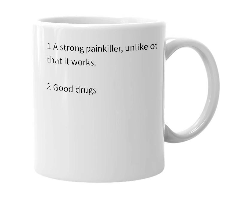 White mug with the definition of 'ibuprofens'