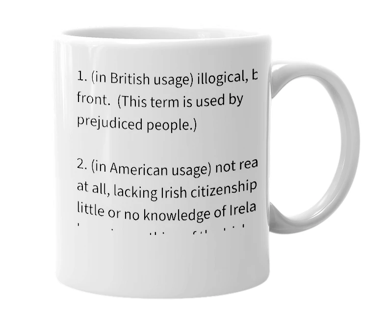 White mug with the definition of 'irish'