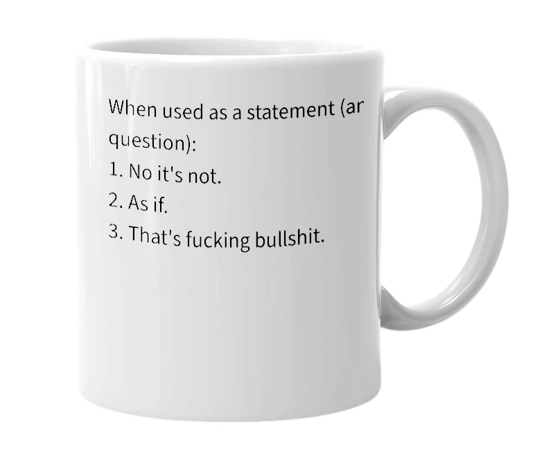 White mug with the definition of 'is it'