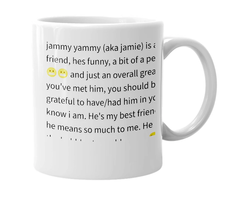 White mug with the definition of 'jammy yammy'