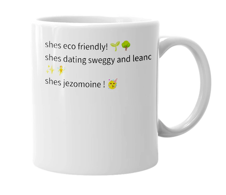 White mug with the definition of 'jezzy eco-friendly moo'