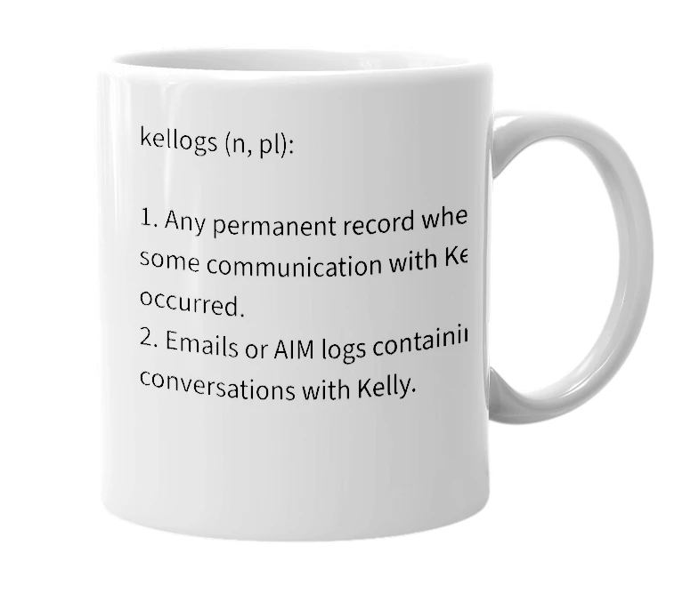 White mug with the definition of 'kellogs'