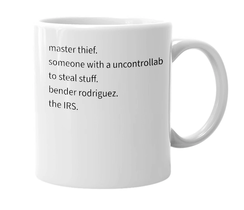 White mug with the definition of 'klepto'