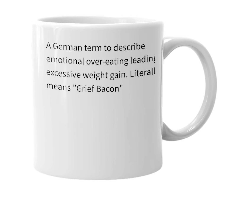 White mug with the definition of 'kummerspeck'