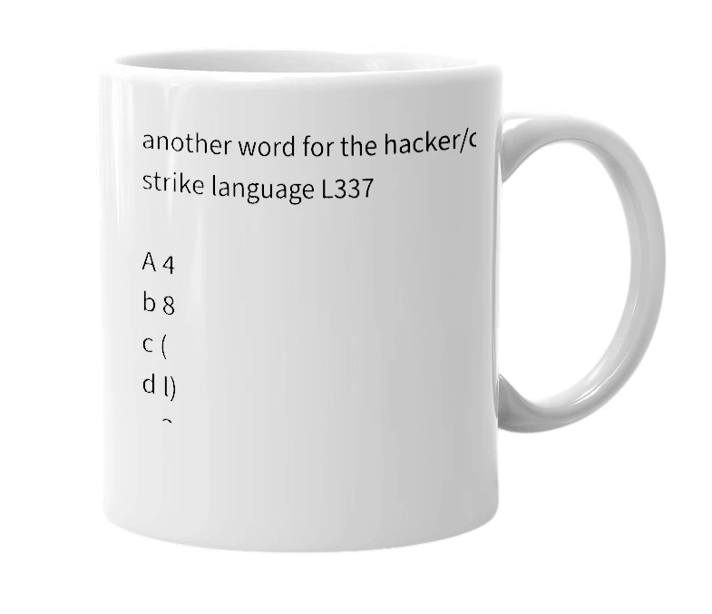 White mug with the definition of 'l-l4xx012'