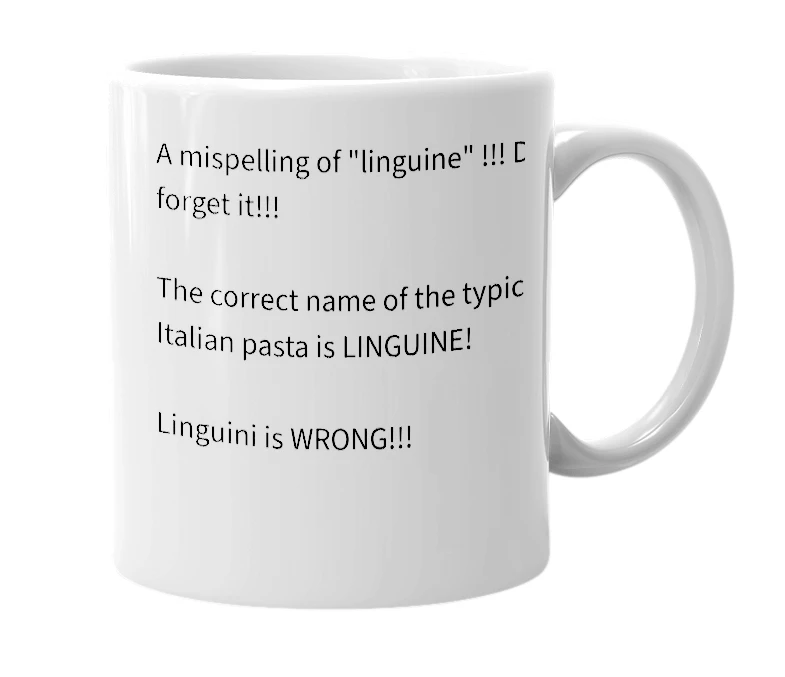 White mug with the definition of 'linguini'