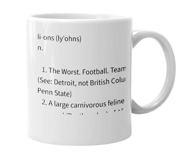 White mug with the definition of 'lions'