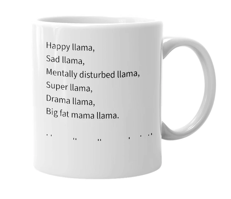 White mug with the definition of 'llama song'