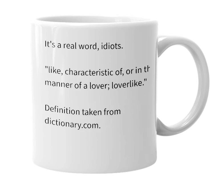 White mug with the definition of 'loverly'