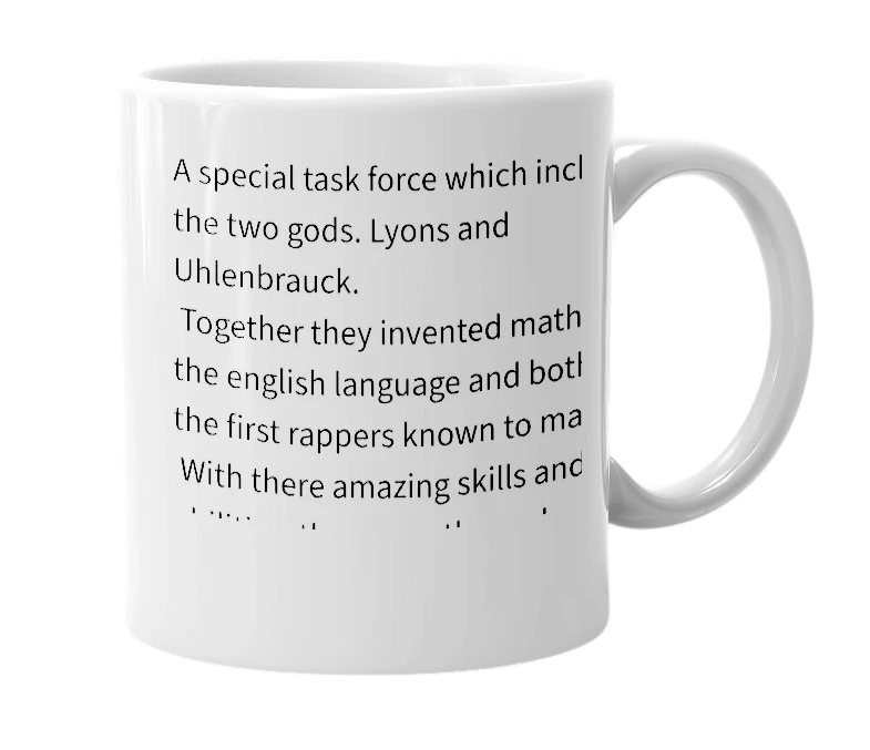 White mug with the definition of 'lyons-uhlenbrauck'