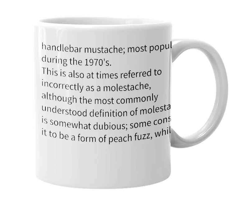 White mug with the definition of 'machostache'