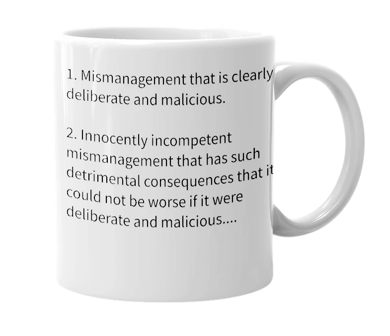 White mug with the definition of 'maladministration'