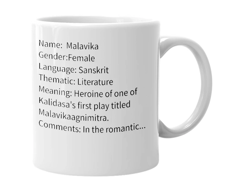 White mug with the definition of 'malavika'