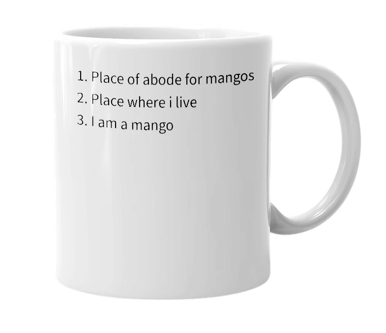 White mug with the definition of 'mango hut'