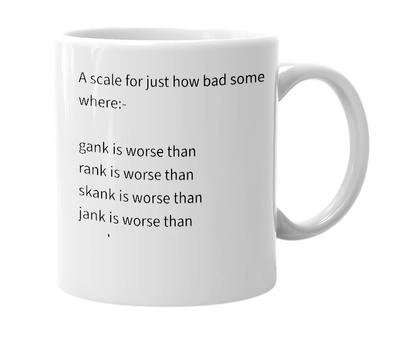 White mug with the definition of 'mank-jank-skank-rank-gank'