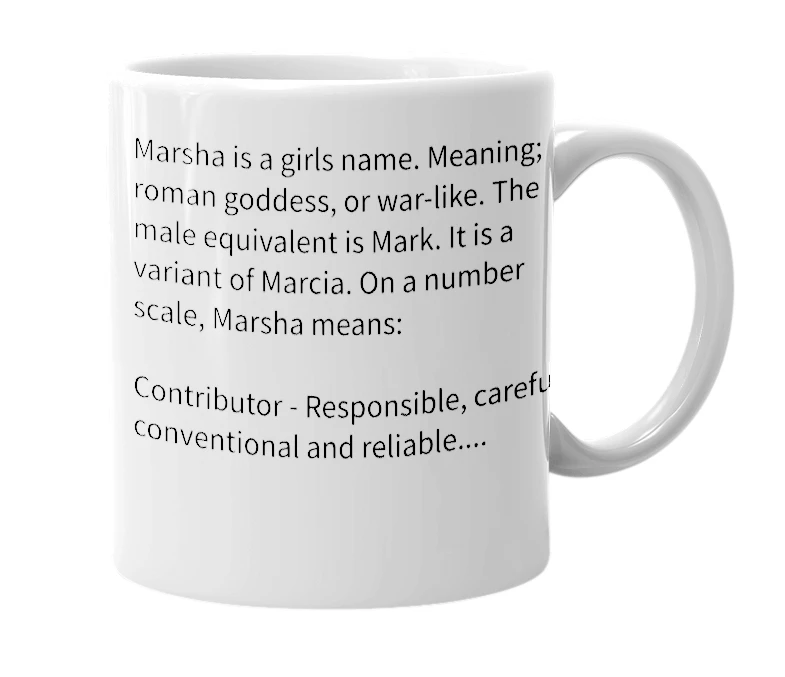 White mug with the definition of 'marsha'