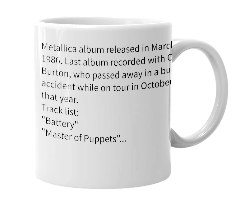 White mug with the definition of 'master of puppets'