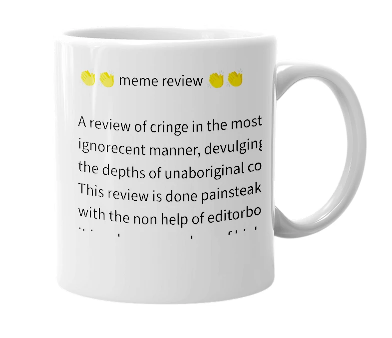 White mug with the definition of 'meme review'