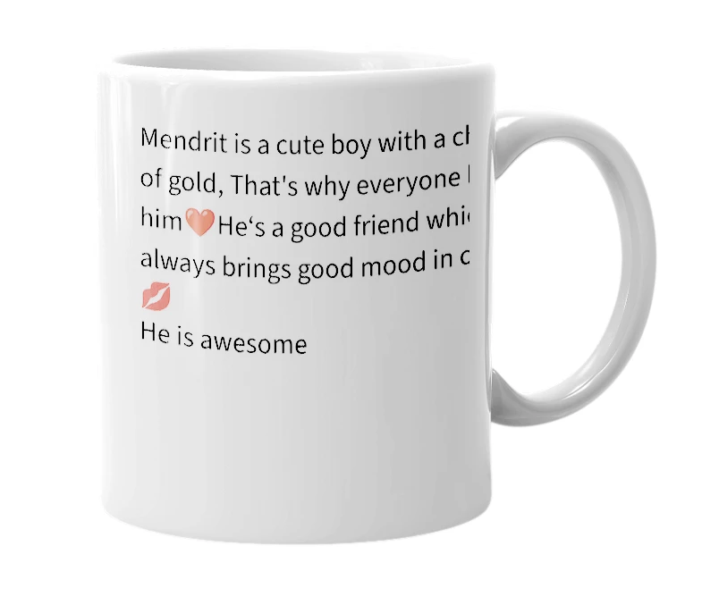 White mug with the definition of 'mendrit'