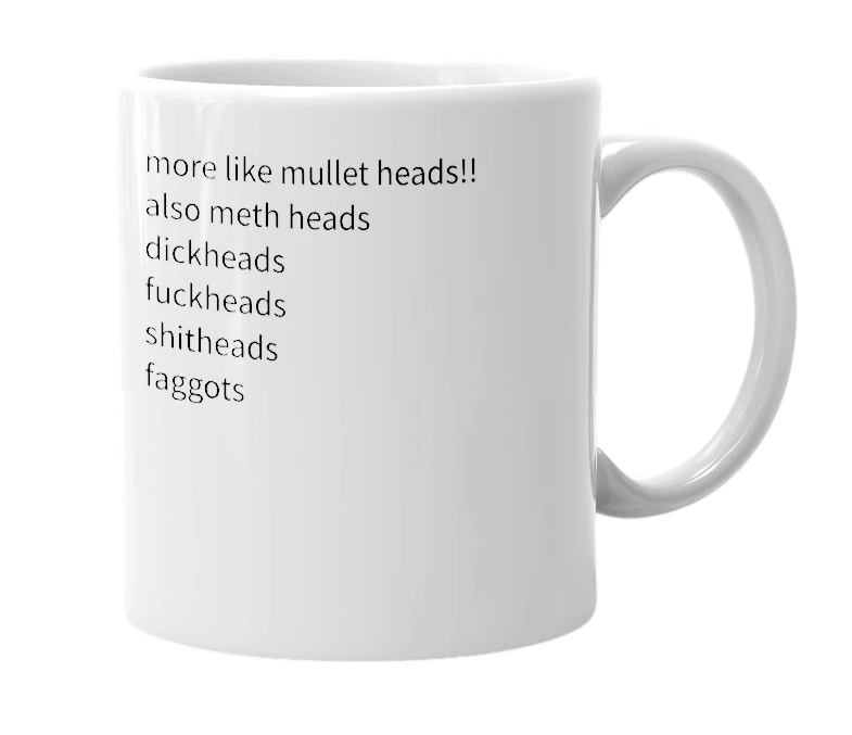 White mug with the definition of 'metal heads'