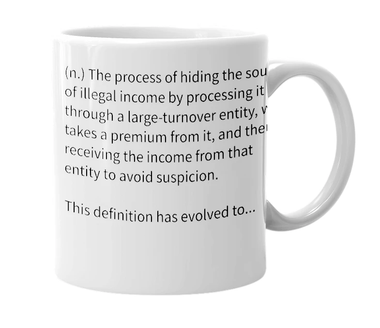 White mug with the definition of 'money laundering'