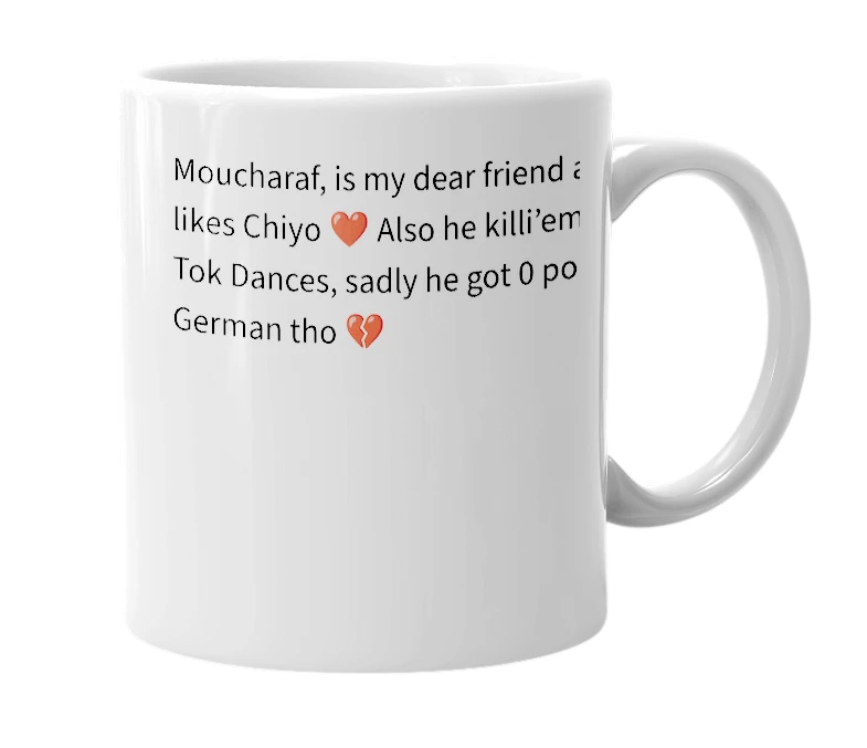 White mug with the definition of 'moucharaf'