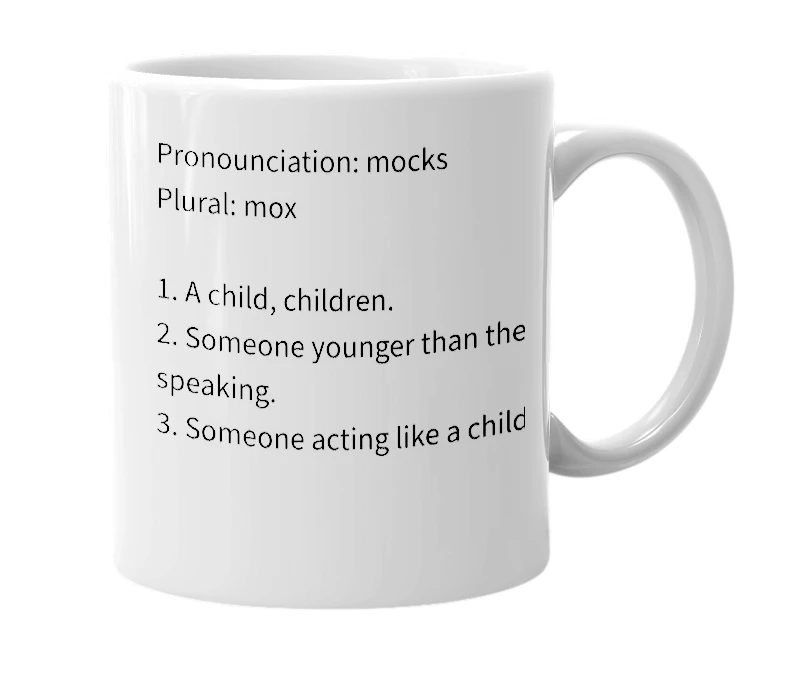 White mug with the definition of 'mox'