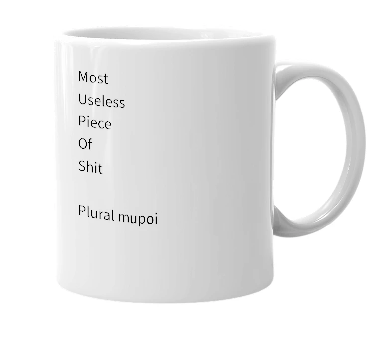 White mug with the definition of 'mupos'