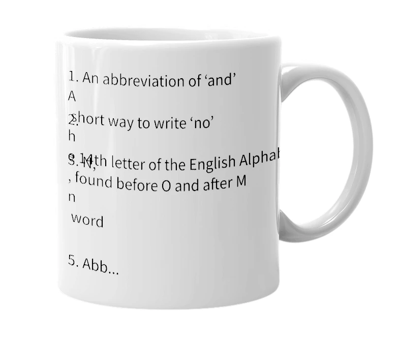White mug with the definition of 'n'